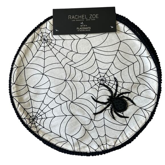 Rachel Zoe Halloween Spider Web with Beaded Spider Placemats 15in Set of 4 NEW - Picture 1 of 10